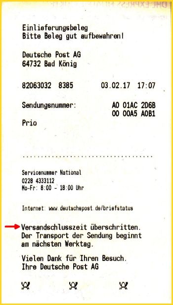 Ein Einlieferungsbeleg mit dem ergänzenden Zusatz am Ende, das die Sendung erst am nächsten Werktag befördert wird Ein Einlieferungsbeleg mit dem ergänzenden Zusatz am Ende, das die Sendung erst am nächsten Werktag befördert wird