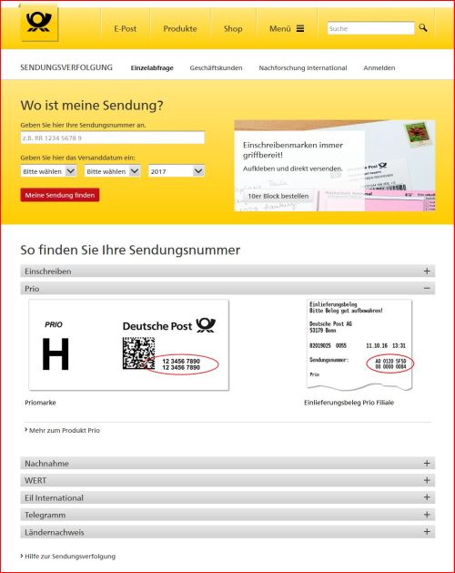 Bildschirminfo der Post zur Sendungsnummer der Zusatzleistung 