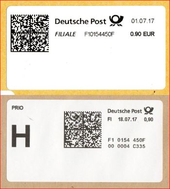 Vergleich der vorher gezeigten beiden Schalterlabel vom Großbrief aus Kelkheim vom selben Schalter Layout ohne und mit Priokennzeichnung (erkennbar an der selben Kennung)