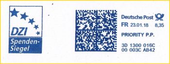 Frankitausschnitt einer Postbase One von Francotyp-Postalia (Kennung 3D13) mit Werbung von DZI aus dem Januar 2018 mit dem Zusatz Priority P.P. (war Einschreiben Int-RSch - Scan von einem Mitglied der Forschungsgemeinschaft Post- und Absenderfreistempel e.V.) 