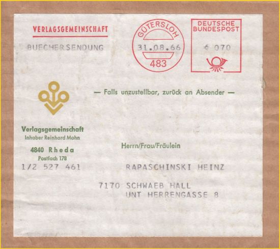Seltene DV-Freimachung aus dem ersten Jahr der Versuchszeit (1966) – hier noch in Form eines Absenderfreistempels mit schwarz eingedruckter DV-Zeile (Versendungsform, Datum, Posthorn, Entgelt) Seltene DV-Freimachung aus dem ersten Jahr der Versuchszeit (1966) – hier noch in Form eines Absenderfreistempels mit schwarz eingedruckter DV-Zeile (Versendungsform, Datum, Posthorn, Entgelt)