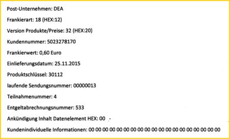 Dateninhalt des Datamatrixcodes von Anschriftenzettel für eine Pressesendung mit der Software BC-Tester ausgelesen Dateninhalt des Datamatrixcodes von Anschriftenzettel für eine Pressesendung mit der Software BC-Tester ausgelesen
