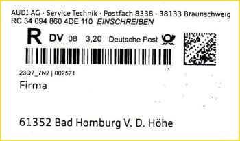 Fensterausschnitt eines seltenen Einschreibens mit DV-Freimachung aus dem August 2017 mit Datamatrixcode Fensterausschnitt eines seltenen Einschreibens mit DV-Freimachung aus dem August 2017 mit Datamatrixcode