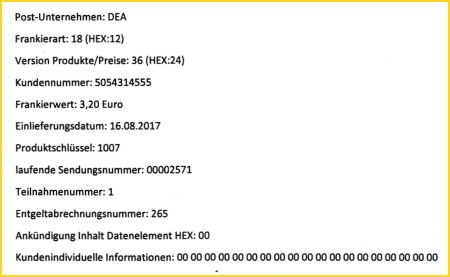 Dateninhalt des Datamatrixcodes des eben gezeigten Einschreibens aus dem August 2017 Dateninhalt des Datamatrixcodes des eben gezeigten Einschreibens aus dem August 2017