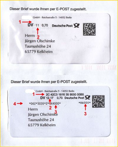 Bildmontage mit Fensterausschnitt vom selben Absender ohne und mit Frankier-ID im Vergleich – oben die alte Version – unten die neue Version – 1. neue Frankier-ID, - 2. hier auch mit Jahresangabe – 3. Konsolidierer-Nummer – 4. optionale Infozeile Bildmontage mit Fensterausschnitt vom selben Absender ohne und mit Frankier-ID im Vergleich – oben die alte Version – unten die neue Version – 1. neue Frankier-ID, - 2. hier auch mit Jahresangabe – 3. Konsolidierer-Nummer – 4. optionale Infozeile
