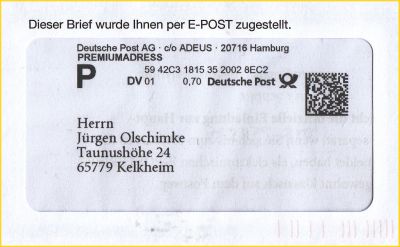 Fensterausschnitt eines Standardbriefes mit DV-Freimachung mit neuer Frankier-ID und der Zusatzleistung Premiumadress – hier ohne Infozeile und ohne Jahresangabe der Erstellung der Freimachung Fensterausschnitt eines Standardbriefes mit DV-Freimachung mit neuer Frankier-ID und der Zusatzleistung Premiumadress – hier ohne Infozeile und ohne Jahresangabe der Erstellung der Freimachung