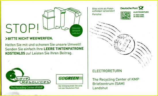 Echt gelaufener Umschlag vom 14. März 2015 ans Recycling Center of KMP, der hier eher aus Versehen beim Abgang im Briefzentrum 87 mit einem Handrollstempel versehen wurde Echt gelaufener Umschlag vom 14. März 2015 ans Recycling Center of KMP, der hier eher aus Versehen beim Abgang im Briefzentrum 87 mit einem Handrollstempel versehen wurde