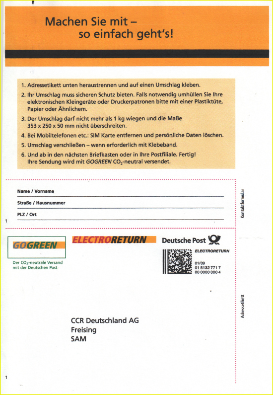 Ausdruck einer Pdf-Datei für ein Electroreturnversandettikett von CCR, hier mit der Besonderheit der zusätzlichen Datumsangabe im Freimachungsvermerk