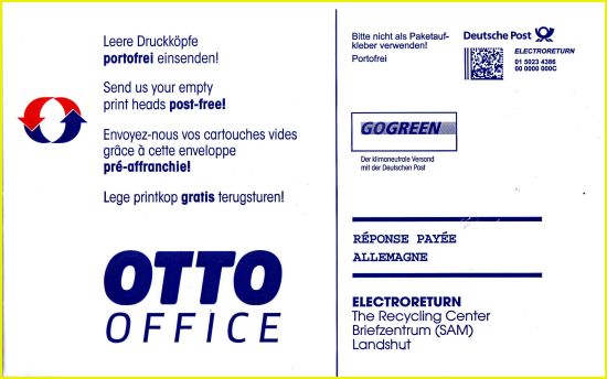 Vorderseite des zweiten bekannten Umschlags von Otto Office für Electroreturn International (aus Plastik) Vorderseite des zweiten bekannten Umschlags von Otto Office für Electroreturn International (aus Plastik)