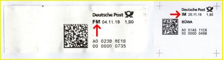 Vergleich Filialmarke (links) mit Internetmarke (rechts) für eine Bücherwarensendung neu (BÜWA) bis 500 Gramm Vergleich Filialmarke (links) mit Internetmarke (rechts) für eine Bücherwarensendung neu (BÜWA) bis 500 Gramm