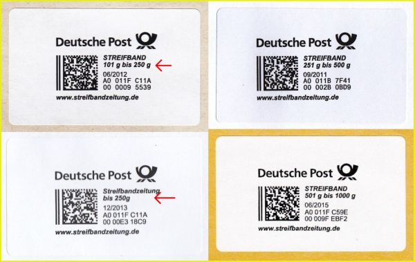 Montage von vier verschiedenen Produktmarken Streifbandzeitung, teils für verschiedene Portostufen, teils verschiedene Teilauflagen. Dabei befindet sich links unten eine der Produktmarken bei der die Gewichtsangabe statt 101g bis 250g nur bis 250g lautet