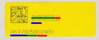 Das neue Korrektur-Label mit Farbmarkierungen - blau ist die PLZ des Autors, grün die Straßenkodierung (die Zahl 258) und rot die Hausnummer 24 intern durch eine führende Null zu einer dreistelligen Zahl ergänzt Das neue Korrektur-Label mit Farbmarkierungen - blau ist die PLZ des Autors, grün die Straßenkodierung (die Zahl 258) und rot die Hausnummer 24 intern durch eine führende Null zu einer dreistelligen Zahl ergänzt