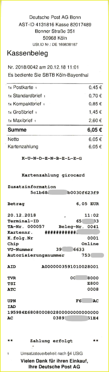 Quittung zu einem Bezahlvorgang, hier dem Kauf eines Tastensatzes vom Standort Bonner Straße 351 in Köln-Bayenthal – es handelt sich hier um den Beleg 42 vom 20. Dezember 2018, gekauft um 11 Uhr 01 am SBTB (Selbstbedienungsterminal) - der obere Teil ist die Quittung, der untere Teil die Daten für den Bezahlvorgang mit Karte