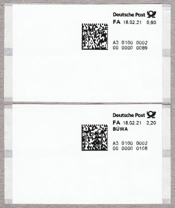 Scan einer der ersten Marken (11 und 17) der neuen ATM mit neuer Kennung „A3 0100 0002“ - oben 60 Cent für eine Postkarte, unten für eine BÜWA-Sendung von 500 bis 1000 Gramm mit Zudruck der Versendungsform