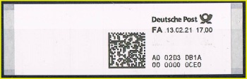 Briefmarke mit dem Höchstwert 17 Euro für einen Maxibrief von 1000 bis 2000 Gramm International vom 13. Februar2021 vom Standort Würselen im schmalen Format, hier noch mit der alten Standortkennung Briefmarke mit dem Höchstwert 17 Euro für einen Maxibrief von 1000 bis 2000 Gramm International vom 13. Februar2021 vom Standort Würselen im schmalen Format, hier noch mit der alten Standortkennung