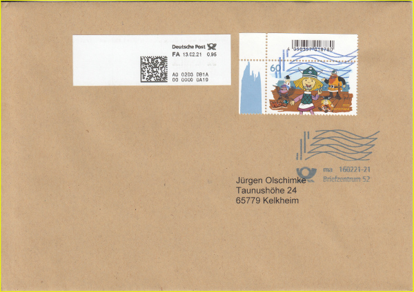 Mischfrankatur aus den ersten Tagen der Poststation 2 aus Würselen mit alter Kennung, gekauft am 13. Februar gelaufen am 16. Februar 2021 über eine GSA Neu. Entwertet wurde hier nur gezielt die Briefmarke, nicht die neue ATM, diese wurde nur elektronisch entwertet