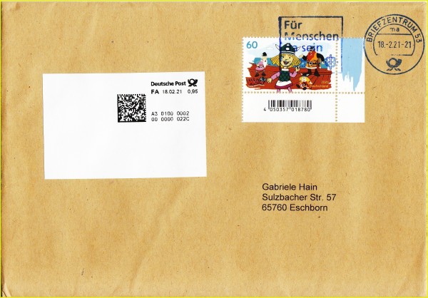 Mischfrankatur vom ersten Tag (18.02.2021) mit neuer Kennung „A2 01000 0002“ für den Standort Wachtberg, der trotz E6-Format bezüglich der Stempelung durch die Stempelmaschine statt die GSA Neu gelaufen ist