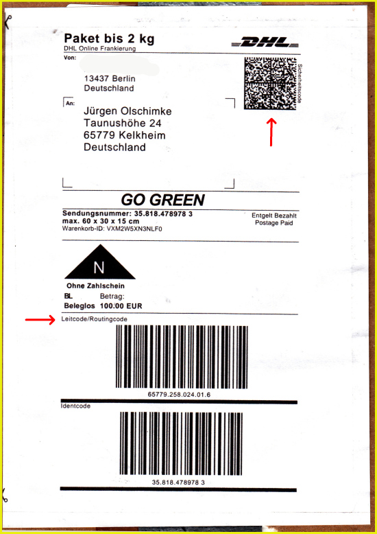 Paketmarke für ein Nachnahmepaket bis zwei Kilo mit Leitcode und dem neuen Sicherheitscode (Datamatrixcode) ab Februar 2021 rechts oben