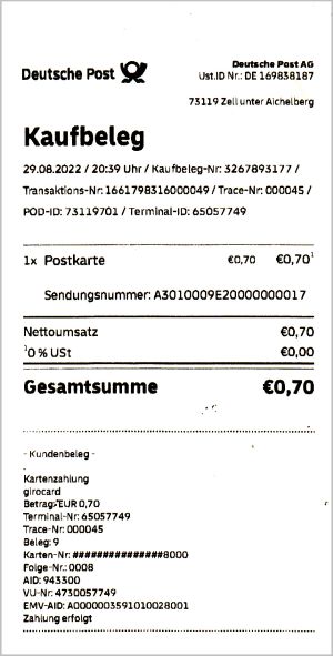 Die Kaufquittung zu dem Mischfrankaturbeleg aus 73119 Zell unter Aichelberg Die Kaufquittung zu dem Mischfrankaturbeleg aus 73119 Zell unter Aichelberg