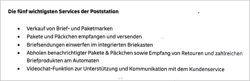 Ausschnitt aus der Pressemitteilung der Deutschen Post vom 19. Juni 2023 mit den fünf wichtigsten Services der Poststation Ausschnitt aus der Pressemitteilung der Deutschen Post vom 19. Juni 2023 mit den fünf wichtigsten Services der Poststation