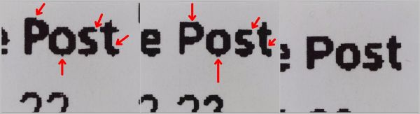 USB-Mikroskopaufnahme des Wortes „Post“, links die alte Schrift, in der Mitte die neue Schrift mit dem angeknabberten Posthorn, rechts die selbe neue Schrift Delivery mit geschlossenen Posthorn USB-Mikroskopaufnahme des Wortes „Post“, links die alte Schrift, in der Mitte die neue Schrift mit dem angeknabberten Posthorn, rechts die selbe neue Schrift Delivery mit geschlossenen Posthorn