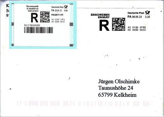 Einwurf-Einschreibebrief mit Frühdatum schmale ATM vom 6. Mai 2023 sowie dazu eingeblendet eine ATM EBf-International-Eigenhändig vom 28. Mai 2023, die aufgrund der Beschriftung weiter doppelte Größe haben müssen Einwurf-Einschreibebrief mit Frühdatum schmale ATM vom 6. Mai 2023 sowie dazu eingeblendet eine ATM EBf-International-Eigenhändig vom 28. Mai 2023, die aufgrund der Beschriftung weiter doppelte Größe haben müssen