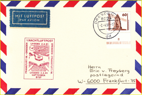 Beleg mit Lufthansa-Stempel für den ersten Flug nach Dresden