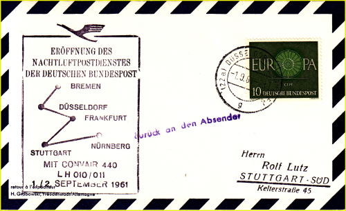 Erstflugbeleg (1. September 1961) der Strecke Düsseldorf nach Stuttgart mit Streckenstempel