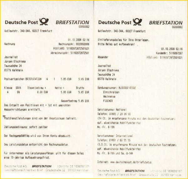 Die zum eben gezeigten Nachnahmeeinschreibebrief ins Ausland dazugehörigen Quittungen, der Einlieferungsschein und die Quittung selbst