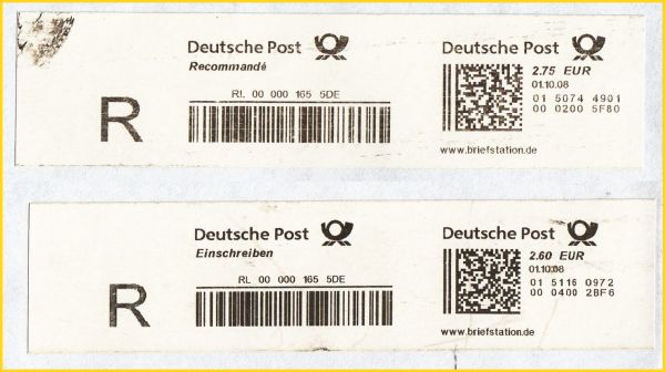 Montage der beiden Frankierausschnitte untereinander zum besseren Vergleich - oben vom Standort 02 aufgeliefert um 10 Uhr 14 die Einschreibnummer 165 ins Ausland - unten die gleiche Einschreibnummer auch vom Ersttag, hier allerdings vom Standort 04 als Inlandseinschreiben