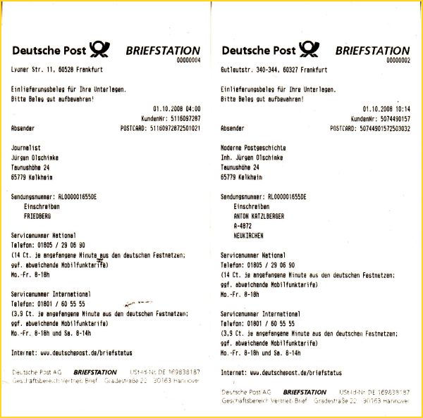 Bildmontage der Einlieferungsquittungen vom Ersttag von unterschiedlichen Standorten (02 bzw. 04) mit der selben Einschreibnummer - diese Quittungen gehören zu den etwas weiter oben gezeigten Belegen