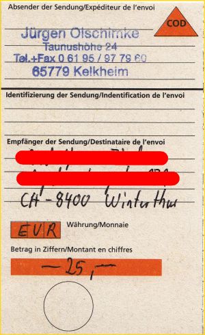 Zum Abschluß dieser Dokumentation noch der dazugehörige Einlieferungsschein der Auslandszahlkarte für Nachnahmen