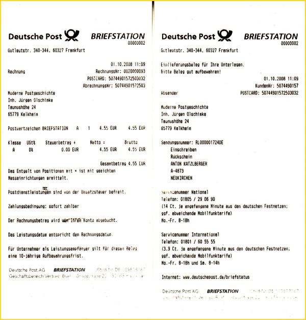 Die dazugehörigen Quittungen zum eben gezeigten Einschreiben Rückschein ins Ausland mit der Rechnungsnummer 93 und der Aufgabeuhrzeit 11 Uhr 09 - damit beispielsweise die Anschrift auf dem Einlieferungsschein auch gedruckt wird, mußte diese jeweils vorher natürlich mittels Bildschirm Buchstabe für Buchstabe einzeln eingegeben werden, was natürlich auch seine Zeit kostet