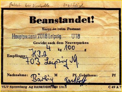 Ein weiterer zusätzlicher Aufkleber für eine Neuverpackung aus der frühen Zeit vom Hauptpostamt Leipzig Ein weiterer zusätzlicher Aufkleber für eine Neuverpackung aus der frühen Zeit vom Hauptpostamt Leipzig