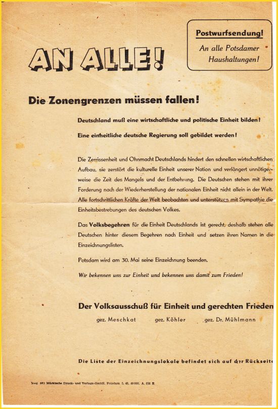 Vorderseite einer Postwurfsendung an alle Potsdamer Haushalte mit dem Slogan Vorderseite einer Postwurfsendung an alle Potsdamer Haushalte mit dem Slogan