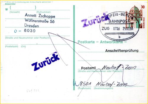 Ganzsache für das VGO, hier in der seltenen Versendungsform Anschriftenprüfung vom 25. März 1991 (Sammlung G. Borchers) Ganzsache für das VGO, hier in der seltenen Versendungsform Anschriftenprüfung vom 25. März 1991 (Sammlung G. Borchers)