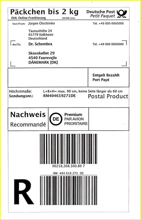 Online-Einschreibepäckchen nach Dänemark, das als Online-Päckchen mit Versicherungsnachweis angeboten wird