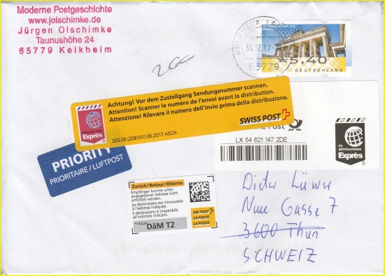 Letzttagsbeleg einer Eil-Internationalsendung mit dem Nummernkreis 