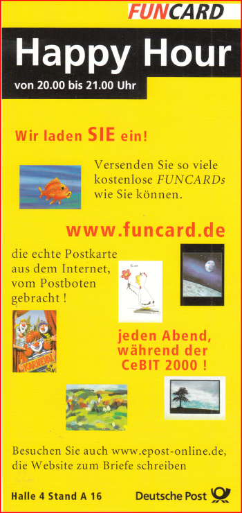 Vorderseite eines Werbeflyers der Deutschen Post aus dem Jahr 2000 von der CeBit zum Thema Funcard