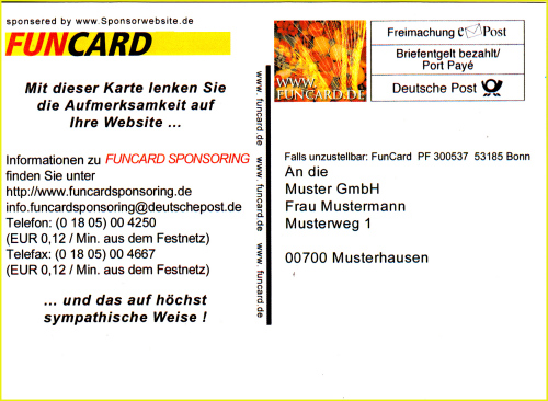 Anschriftenseite einer Werbepostkarte zum Funcard-Sponsoring, die auf der CeBit verteilt wurde
