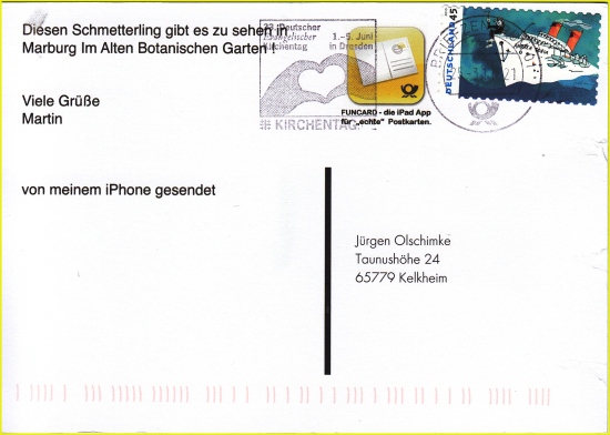 Anschriftenseite einer 2011 über die Postapp abgeschickten Funcard, erkennbar am zusätzlichen Logo links neben der manuell aufgeklebten selbstklebenden Briefmarke