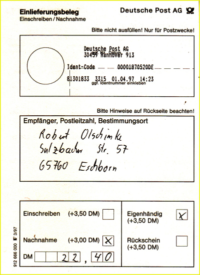 Hier der dazugehörige Einlieferungsschein für die Nachnahme Eigenhändig vom Ersttag