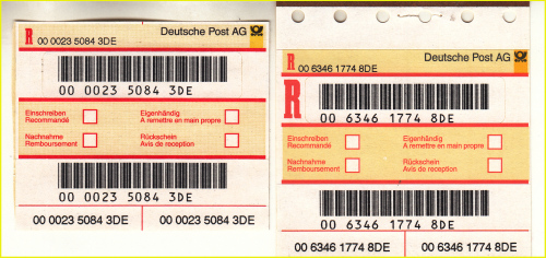 Zwei unterschiedliche Versuchslabel: links von der Rolle ohne rotes R vor dem Barcode, rechts ein Label aus einem Block