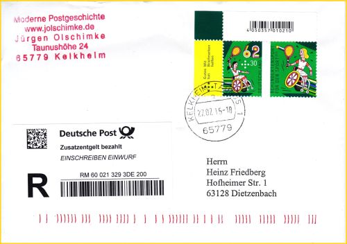 Ein Einwurf-Einschreiben mit dem TrackNow-Label, indirekt nur erkennbar an der Nummer aus dem Nummernkreis RM600x.. frankiert mit einer Zuschlagsmarke für den Sport von der Bogenecke mit EAB-Strichcode, abgeschickt am 27. Juli 2015 Ein Einwurf-Einschreiben mit dem TrackNow-Label, indirekt nur erkennbar an der Nummer aus dem Nummernkreis RM600x.. frankiert mit einer Zuschlagsmarke für den Sport von der Bogenecke mit EAB-Strichcode, abgeschickt am 27. Juli 2015