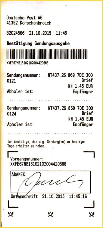 Bestätigung der Sendungsausgabe der Nachentgeltsendung NT 437268697 DE 300 - weshalb hier die selbe Sendung zweimal angezeigt wird ist nicht klar, ebenso wieso die Nachnahmesumme hier 1,45 Euro sein soll, den zahlen mußte der Kunde 3,45 Euro - für die Dame am Schalter war es die erste Sendung dieser Art - vermutlich wurde Sie diesbezüglich auch unzureichend geschult ?
