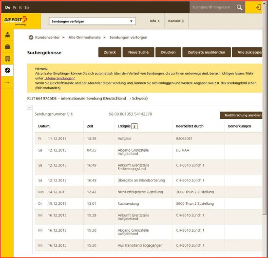 Sendungsabfrage des Einschreibens bei der Schweizer Post - hier werden sofort alle Daten übersichtlich und ausführlich vorgestellt - sogar mit den deutschen Daten, die die Deutsche Post selbst ihren Kunden vorenthält. Diese Präsentation lässt für den Kunden keine Fragen offen.