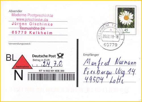 Letzttag (28. Februar 2018) Nutzung Nachnahme-Ganzsache ohne Zusatzentgelt, da hier vom Betrag 24,70 Euro normalerweise noch zwei Euro Einziehungsentgelt abgezogen werden müssten