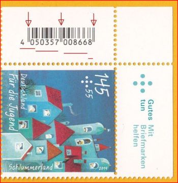 Aufbau des EAN-Codes am Beispiel einer der ersten Marken - Jugendmarke 2014 - 145 + 55 Cent - die oberen roten Pfeile markieren das erste Randzeichen, das mittlere Trennzeichen und das rechte Randzeichen. Die unteren waagrechten roten Striche markieren von links nach rechts die zweizeilige Länderkennzeichnung (40 für Deutschland), die fünfstellige Firmennummer der Deutschen Post (50357), es folgt die fünfstellige Artikelnummer der Deutschen Post (00866) und zum Schluß ganz rechts die Prüfziffer (8)