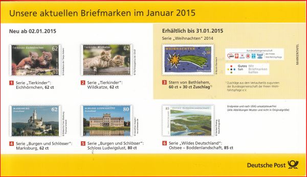 Briefmarkentafel - Stand Januar 2015 - auch mit Angaben , wielange die Weihnachtsmarke 2014 erhältlich ist (Vorderseite)