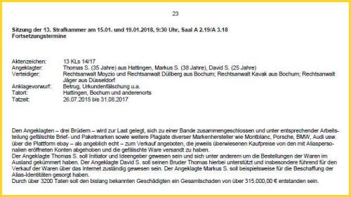 Bildschirmkopie (Auszug) von der wöchentlich erscheinenden pdf-Datei des Landgerichts Bochum zu den aktuellen Sitzungen – hier die Info zum Fall mit den gefälschten Brief- und Paketmarken für den zweiten und dritten Verhandlungstermin